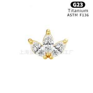 ASTM-F136 G23 Titanium Zircon Crystal Earring Stud Gold Plated Internal Thread Labret Ring Lip Nose Piercing Earrings    JX-18KCNC-1