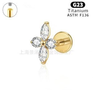 ASTM F136 Titanium Leaf Labret Piercing 16 Gauge Clear Cz Gem Vine Internal Thread Flat Back Earring JX-18KCNC-15
