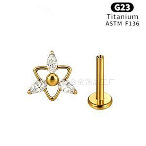 Astm F136 Titanium Gold Pvd Sextet Clear Cz Internally Threaded Labret Helix Piercing Flat Back Stud Earring     JX-18KCNC-18