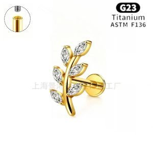 ASTM F136 Titanium 16G Micro CZ Leaf Flat Back Labret Lip Tragus Cartilage Helix Stud Monroe Piercing Body Jewelry JX-18KCNC-20