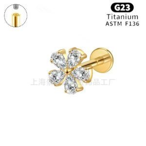 ASTM F136 Titaniumm Piercings Labret Gold Plated Zirconia Cartilage Internal Thread Flat Back Stud Piercing Earrings    JX-18KCNC-24