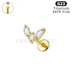 Astm F136 G23 Labret Titanium Piercing Zircon Thread Pvd Gold Wing Shape Helix Cartilage Stud JX-18KCNC-26